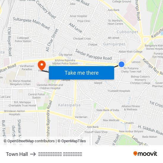 Town Hall to विक्टोरिया हॉस्पिटल map