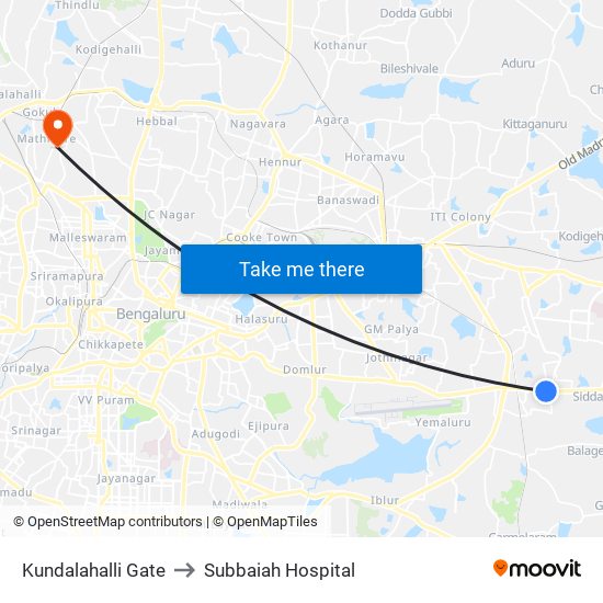 Kundalahalli Gate to Subbaiah Hospital map