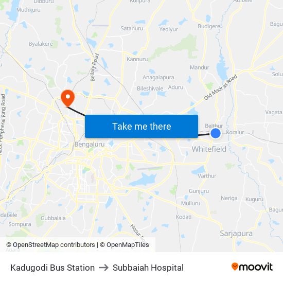 Kadugodi Bus Station to Subbaiah Hospital map