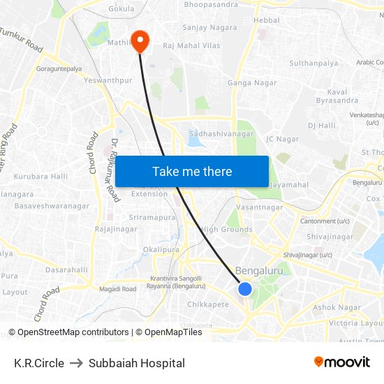 K.R.Circle to Subbaiah Hospital map