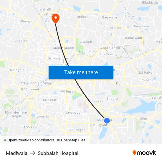 Madiwala to Subbaiah Hospital map