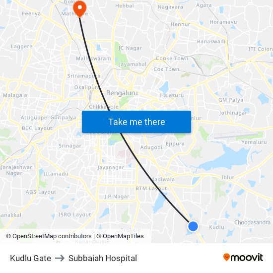 Kudlu Gate to Subbaiah Hospital map