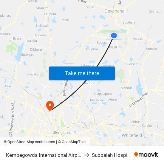 Kempegowda International Airport to Subbaiah Hospital map