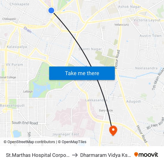 St.Marthas Hospital Corporation to Dharmaram Vidya Kshetra map