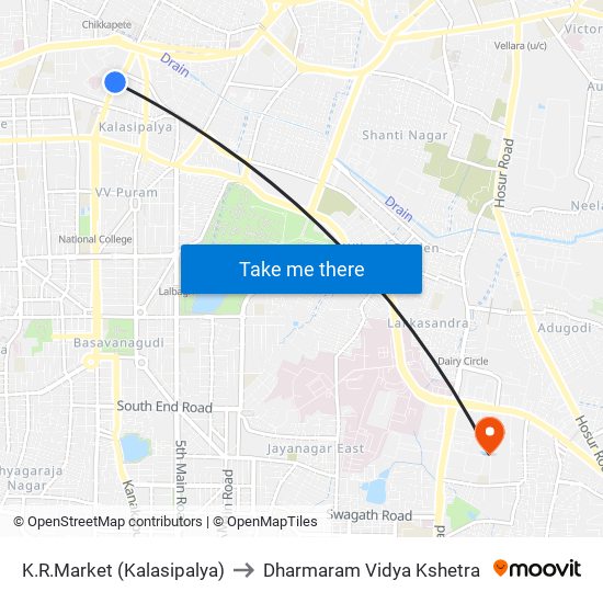 K.R.Market (Kalasipalya) to Dharmaram Vidya Kshetra map