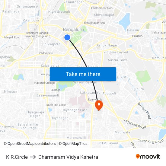 K.R.Circle to Dharmaram Vidya Kshetra map