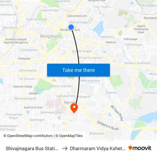 Shivajinagara Bus Station to Dharmaram Vidya Kshetra map