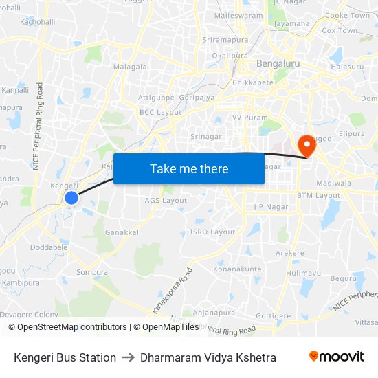 Kengeri Bus Station to Dharmaram Vidya Kshetra map