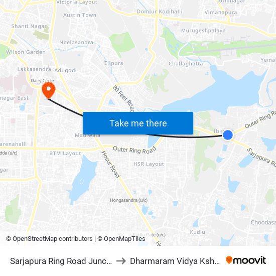 Sarjapura Ring Road Junction to Dharmaram Vidya Kshetra map