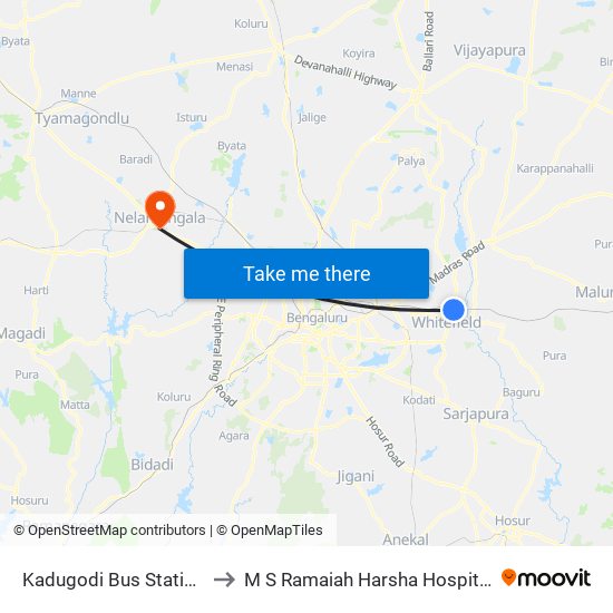 Kadugodi Bus Station to M S Ramaiah Harsha Hospital map