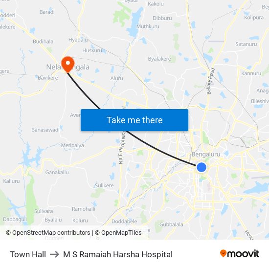 Town Hall to M S Ramaiah Harsha Hospital map