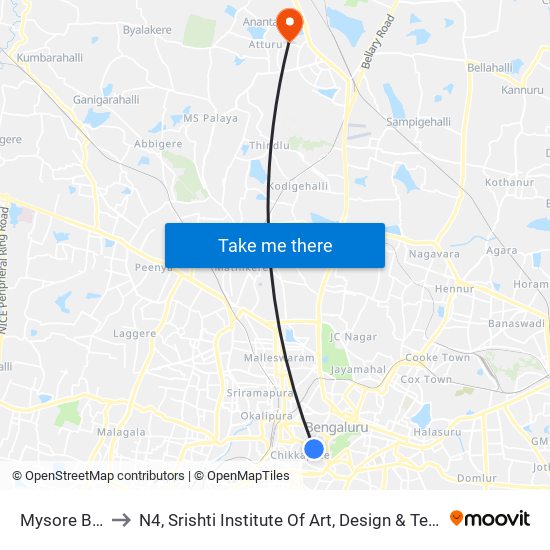 Mysore Bank to N4, Srishti Institute Of Art, Design & Technology map