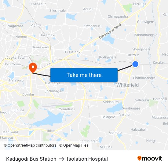 Kadugodi Bus Station to Isolation Hospital map