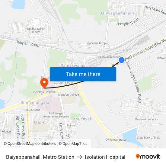 Baiyappanahalli Metro Station to Isolation Hospital map