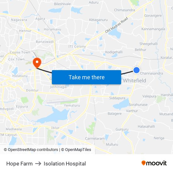 Hope Farm to Isolation Hospital map