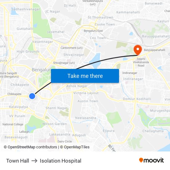 Town Hall to Isolation Hospital map