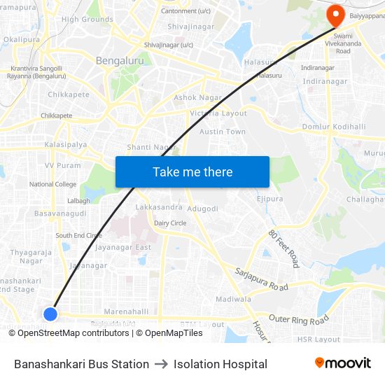 Banashankari Bus Station to Isolation Hospital map