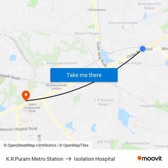 K.R.Puram Metro Station to Isolation Hospital map