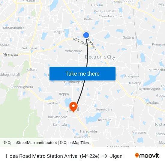 Hosa Road Metro Station Arrival (Mf-22e) to Jigani map
