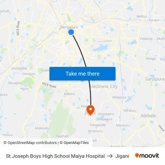 St.Joseph Boys High School Malya Hospital to Jigani map