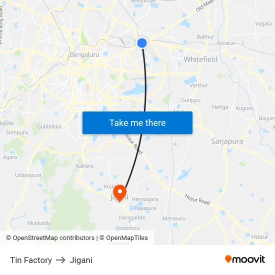 Tin Factory to Jigani map