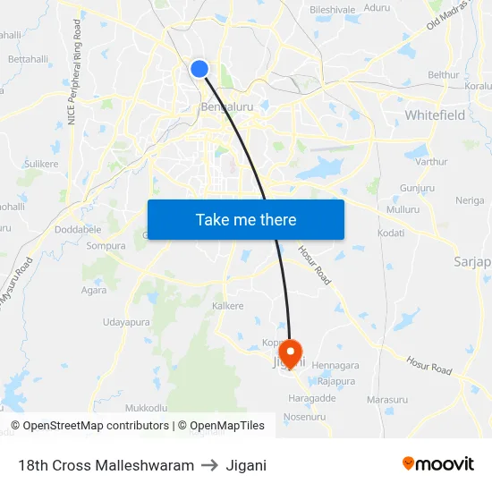 18th Cross Malleshwaram to Jigani map