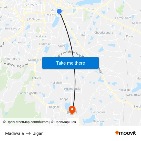 Madiwala to Jigani map