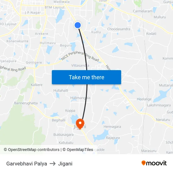 Garvebhavi Palya to Jigani map
