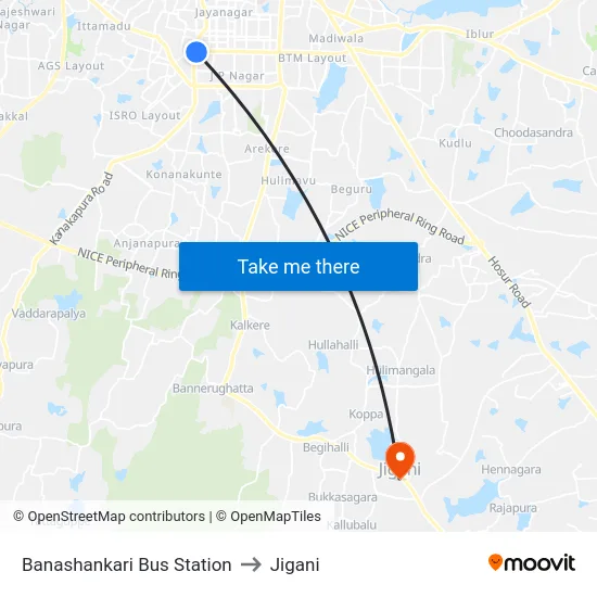 Banashankari Bus Station to Jigani map