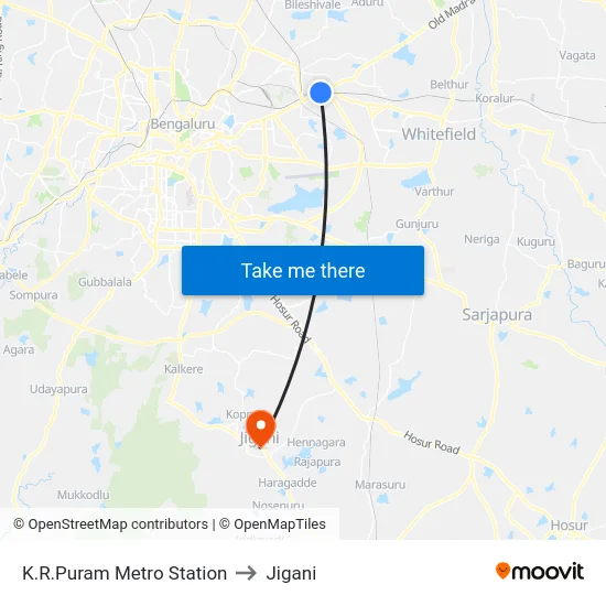 K.R.Puram Metro Station to Jigani map