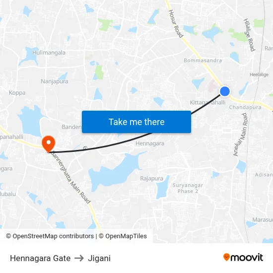 Hennagara Gate to Jigani map