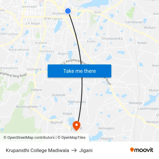 Krupanidhi College Madiwala to Jigani map