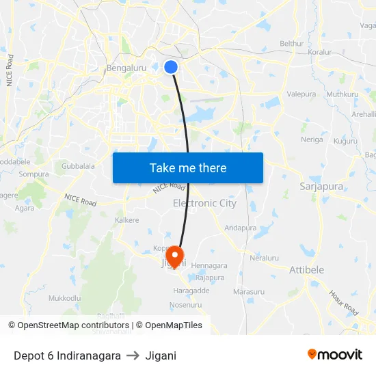 Depot 6 Indiranagara to Jigani map