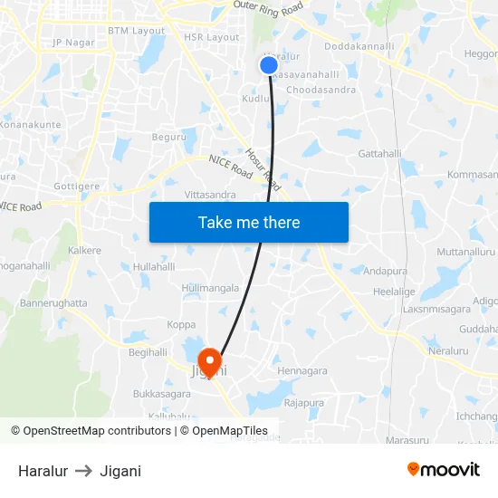 Haralur to Jigani map
