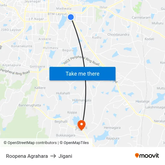 Roopena Agrahara to Jigani map