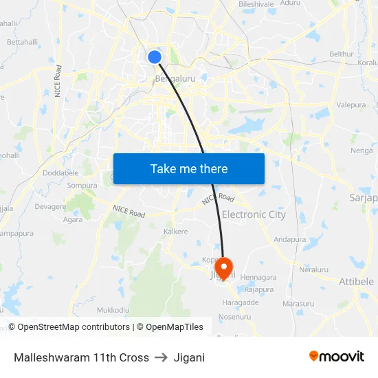Malleshwaram 11th Cross to Jigani map