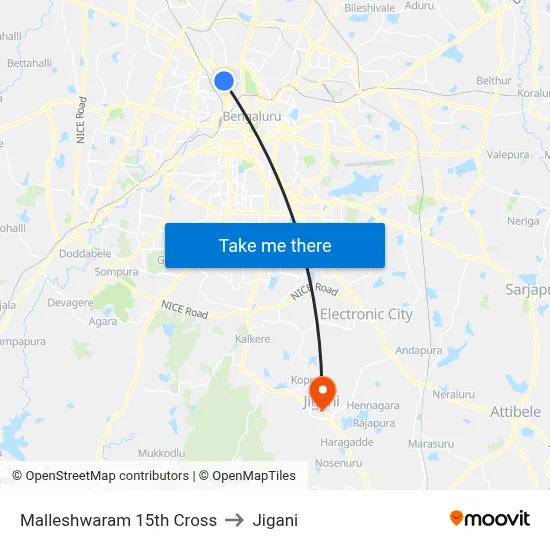 Malleshwaram 15th Cross to Jigani map