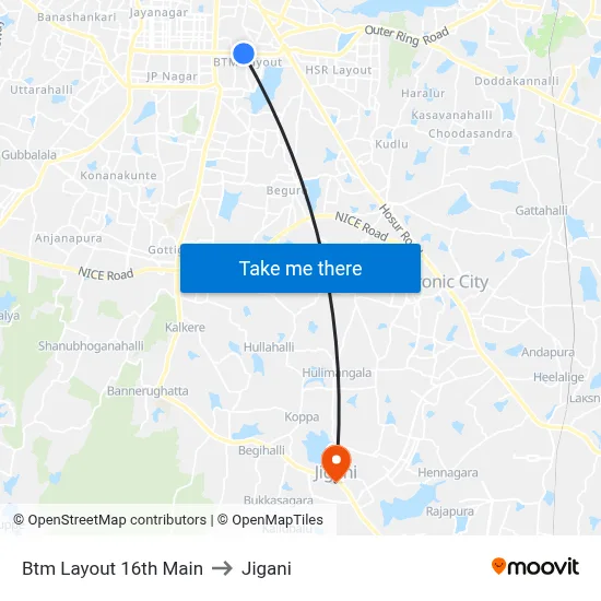 Btm Layout 16th Main to Jigani map