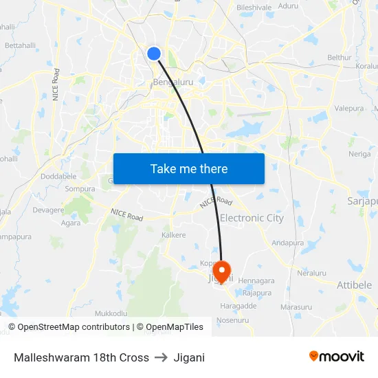 Malleshwaram 18th Cross to Jigani map