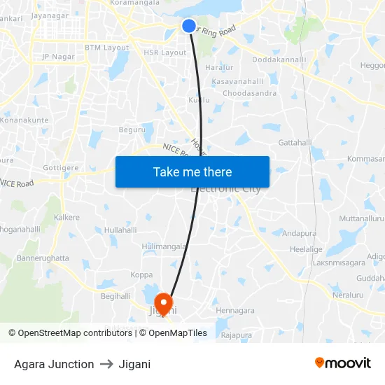 Agara Junction to Jigani map