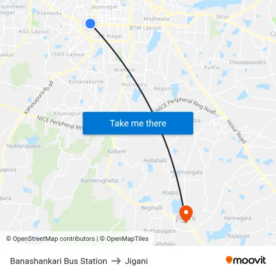 Banashankari Bus Station to Jigani map