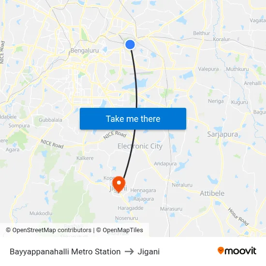 Bayyappanahalli Metro Station to Jigani map