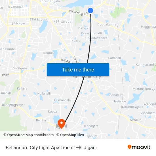 Bellanduru City Light Apartment to Jigani map