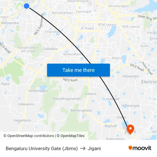 Bengaluru University Gate (Jbms) to Jigani map