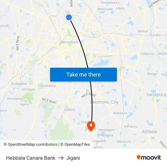 Hebbala Canara Bank to Jigani map