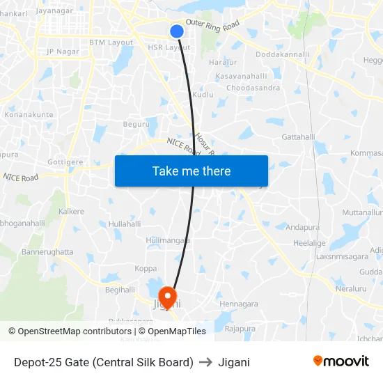Depot-25 Gate (Central Silk Board) to Jigani map