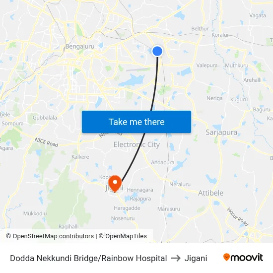 Dodda Nekkundi Bridge/Rainbow Hospital to Jigani map