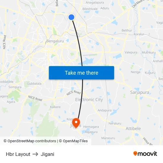 Hbr Layout to Jigani map