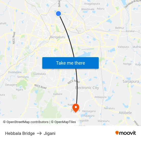 Hebbala Bridge to Jigani map