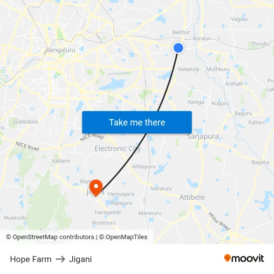 Hope Farm to Jigani map